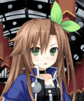 a girl with brown hair and green eyes has a green leaf on her head