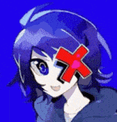 a cartoon girl with blue hair and a red cross on her forehead .