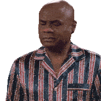 a bald man with his eyes closed wearing a striped pajama shirt