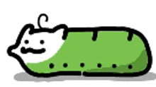 a cartoon drawing of a green caterpillar with a cat 's face and mustache .