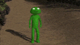 a green cartoon character is standing on a dirt path .