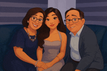 a cartoon of a family posing for a picture on a blue couch