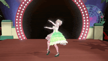 a girl in a green dress is dancing in front of a ferris wheel