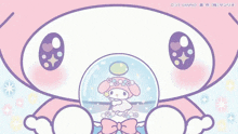 a pink and purple cartoon character with a snow globe in her hands