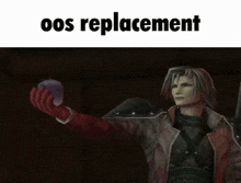 a video game character holding a purple apple with the caption oos replacement
