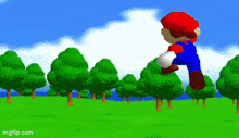 mario is jumping in the air in a video game in a field of trees .