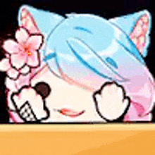a cartoon of a cat with blue hair and pink flowers on its head .