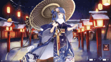 a girl in a kimono is holding an umbrella in a snowy area