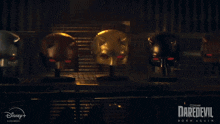a poster for daredevil born again shows a bunch of masks on display