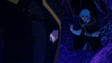 a person with blue hair is kneeling down with their hands up