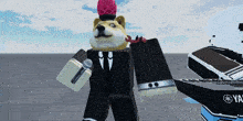 a doge wearing a top hat is holding a microphone and a keyboard