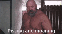 a shirtless man with a beard is standing in a hallway and says pissing and moaning .