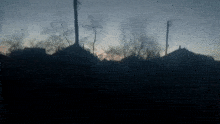 a blurry picture of a sunset with trees and houses in the foreground