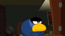 a blue bird with a yellow beak and black eyes is making an angry face