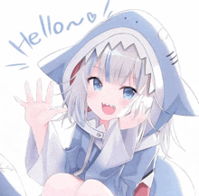 a drawing of a girl with a shark head and the words hello on the bottom