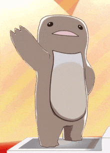 a cartoon character is standing on a podium and waving his hand