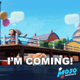 an advertisement for mojo swoptops shows a monkey holding balloons on a pier
