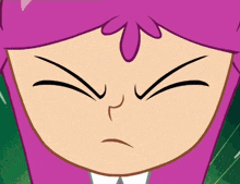 a close up of a cartoon character with purple hair