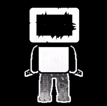 a pixel art drawing of a robot with a square head and a black background .