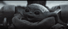 a baby yoda is being held in a person 's arms and looking at the camera .