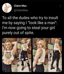 a woman with muscles is standing in a room with a caption that says to all the dudes who try to insult