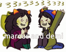 a cartoon drawing of marcus and demi with the numbers 3333 behind them
