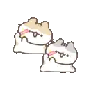 two cats are sitting next to each other on a white background . one of the cats is holding a pink stick .
