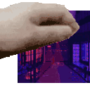 a close up of a person 's hand holding a purple object in front of a purple background .