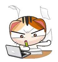 a cartoon cat is sitting at a desk with a laptop and a pencil