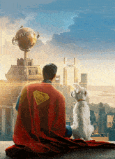a man in a superman cape sits with a white dog
