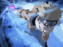 a cartoon character is flying through the air with a purple circle around him .