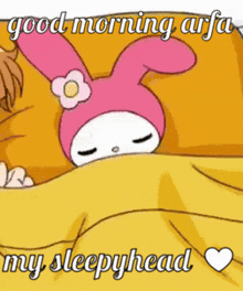 a cartoon bunny with a flower on its head is laying on a bed with the words `` good morning arfa my sleepyhead ''