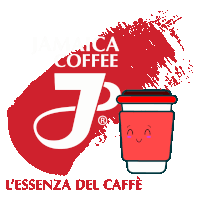 a red cup with a smiling face and the words l' essenza del caffe on the bottom
