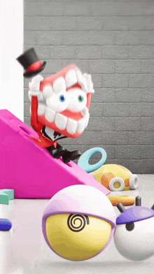 a cartoon character wearing a top hat is on a pink block