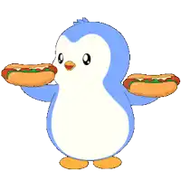 a penguin holding two hot dogs in its arms