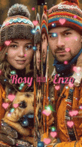 a man and a woman are standing next to each other with the name rosy on the bottom right