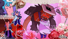 a collage of cartoon characters with roses and picmix in the bottom right