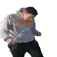a man wearing a thrasher hoodie is dancing .