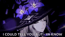 a girl wearing a witch hat with purple flowers on it is talking to someone .