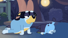 a cartoon of a dog wearing sunglasses and another dog laying on the ground