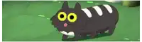 a cartoon cat with yellow eyes and white stripes is walking on a green field .