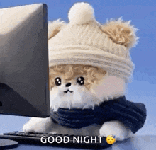 a stuffed animal wearing a hat and scarf is sitting in front of a computer screen and says `` good night '' .