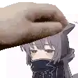 a person is petting a cartoon girl 's head with their hand .
