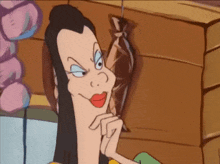 a cartoon of a woman with long black hair making a funny face