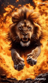 a lion is jumping through the air in front of a fire background .