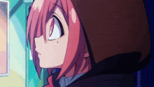 a girl with pink hair is wearing a brown hood
