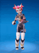 a cartoon character with a fox head and pink hair is standing in front of a blue background