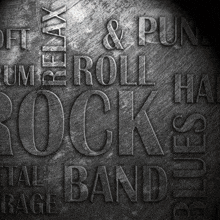 a black and white photo of the word rocks on a wooden surface
