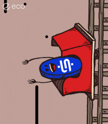 a cartoon drawing of a red car with a blue sign that says ln on it