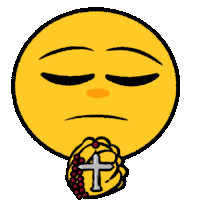 a yellow smiley face is praying and holding a rosary in its hand .